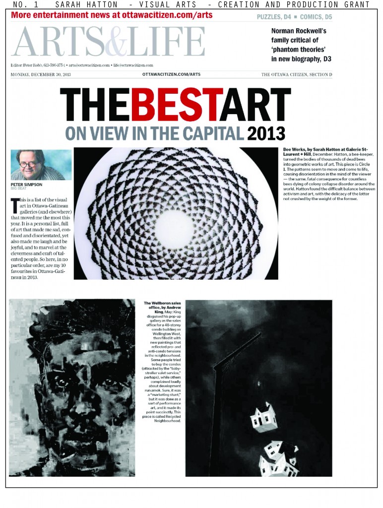 13/12/29 “The best art on view in the capital in 2013”. Peter Simpson. The Ottawa Citizen Arts. D2-D3